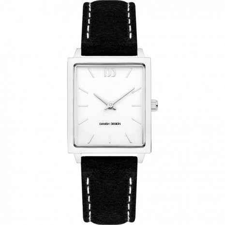 Danish Design IV12Q1255 dameshorloge 25.5mm met vierkante zilverkleurige kast en minimalistische witte wijzerplaat, zwarte leren band met witte stiksels. Elegant horloge voor dames in de categorie sieraden en horloges.