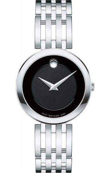 Movado 0607051 Esperanza dameshorloge 28mm met zilverkleurige roestvrijstalen band en minimalistische zwarte wijzerplaat.