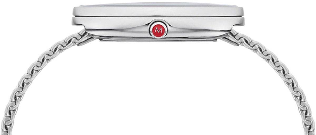 Zijaanzicht van de Mondaine Herenhorloge 42mm - Giant MSX.4211B.SM met roestvrijstalen kast en kroon met rood logo. Slank design voor heren.