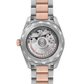Achterkant van de Omega Seamaster Aqua Terra Co-Axial Master Chronometer 38mm dameshorloge met zichtbare Zwitserse uurwerkmechaniek en roségouden accenten.