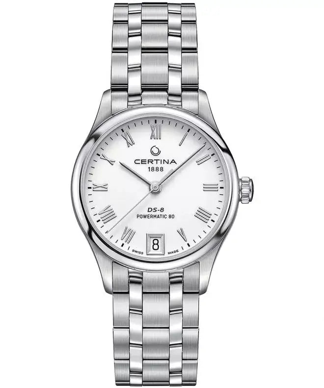 Certina DS-8 Lady Powermatic 80 C0332071101300 dameshorloge 31mm met zilverkleurige roestvrijstalen band en witte wijzerplaat, Swiss Made precisie.