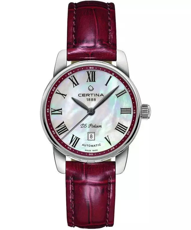 Certina DS Podium Lady Automatic C0010071642300 dameshorloge 29mm met parelmoer wijzerplaat en bordeauxrode lederen band, Swiss Made horloge voor dames