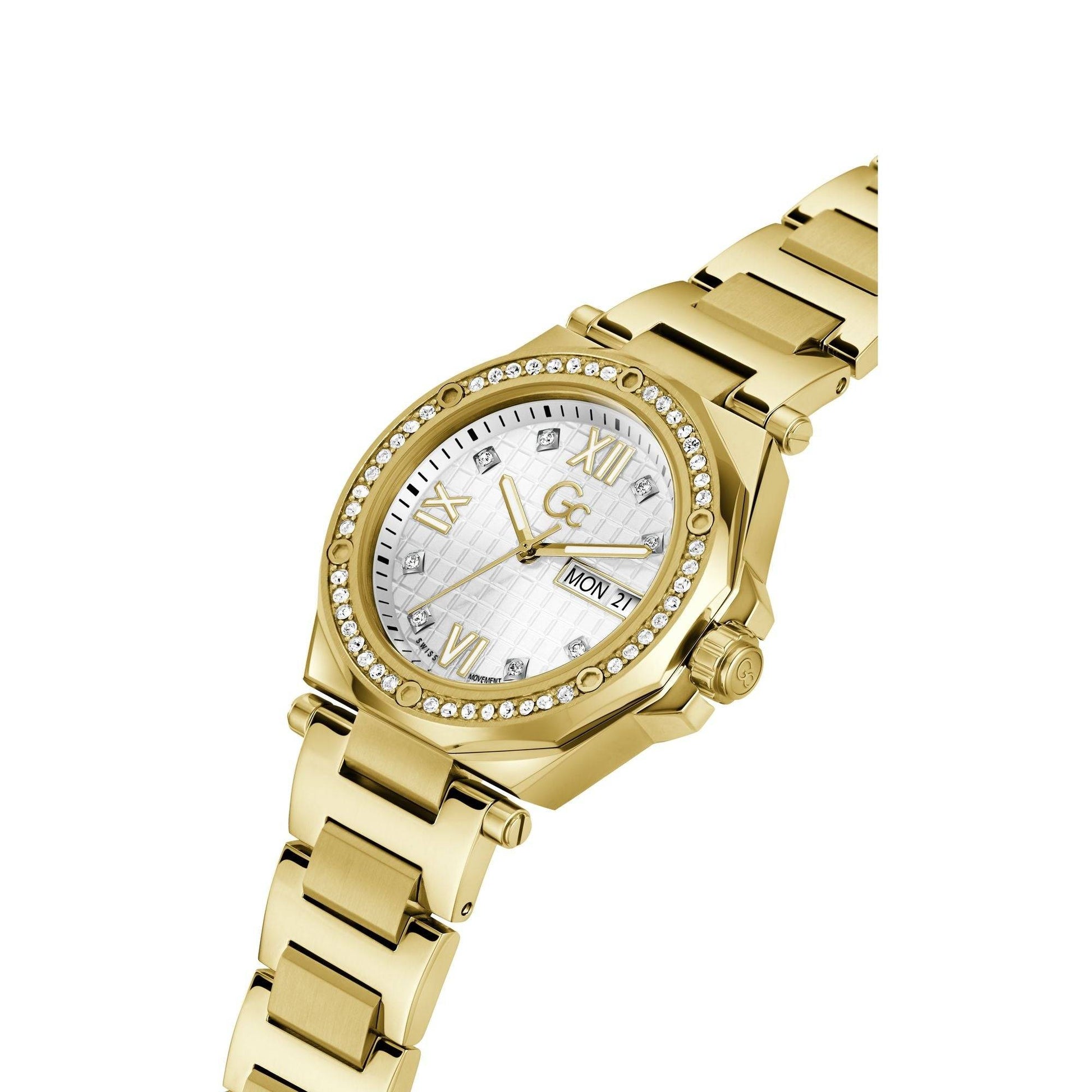 Gc Dameshorloge 34mm - Classic Collection Z38001L9MF met goudkleurige schakelband en kristallen bezel, elegant Swiss Made dameshorloge.