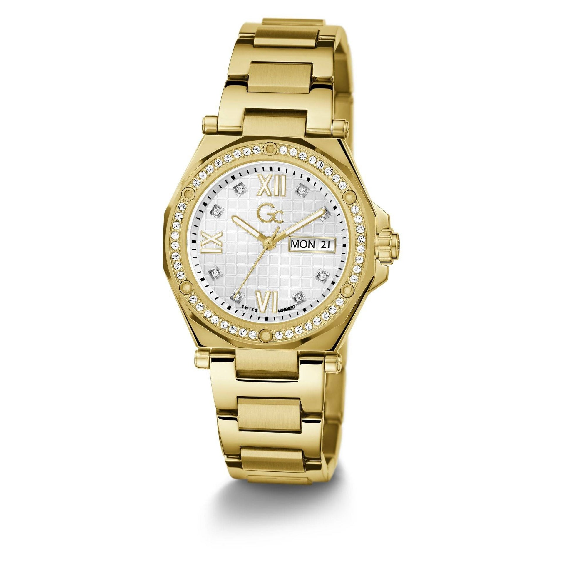 Gc Dameshorloge 34mm - Classic Collection Z38001L9MF met goudkleurige schakelband en kristallen bezel, elegant Swiss Made dames horloge.