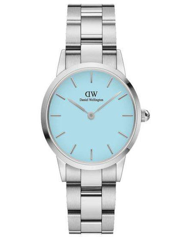Daniel Wellington Iconic Link Capri Horloge 32mm DW00100541 met zilverkleurige schakelband en lichtblauwe wijzerplaat, damesmodel.