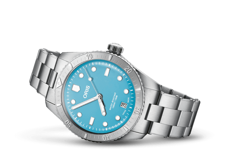 Oris Divers Sixty-Five Cotton Candy Unisex 01 733 7771 4055-07 8 19 18 horloge 38mm met turquoise wijzerplaat en roestvrijstalen band. Luxe Swiss Made heren horloge geschikt voor dames en heren.