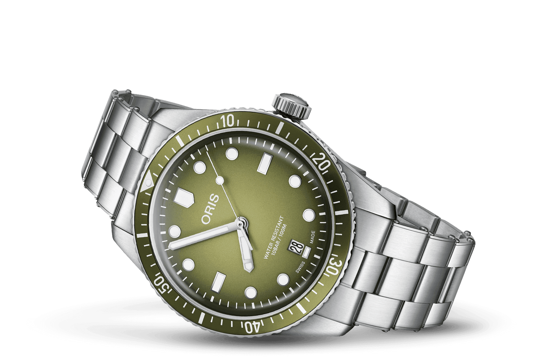 Oris Divers Sixty-Five Date Automatic Herenhorloge 40mm met groene wijzerplaat en roestvrijstalen schakelband, Swiss Made duikhorloge voor heren.