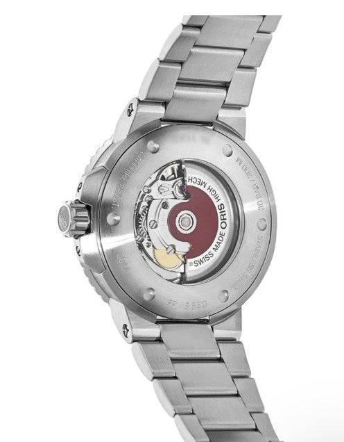Achterkant van de Oris Aquis Date Horloge 39,5mm - Zwart Unisex met zichtbare Zwitserse automatische uurwerkmechanisme en roestvrijstalen band.