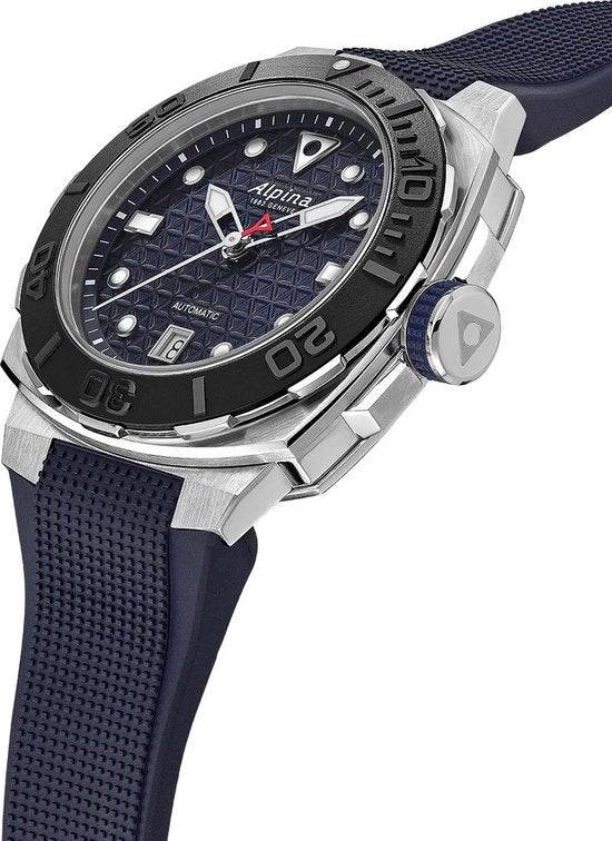 Alpina Seastrong Diver horloge 39mm voor heren met blauwe rubberen band en zwarte duikring, Swiss made automatisch uurwerk.