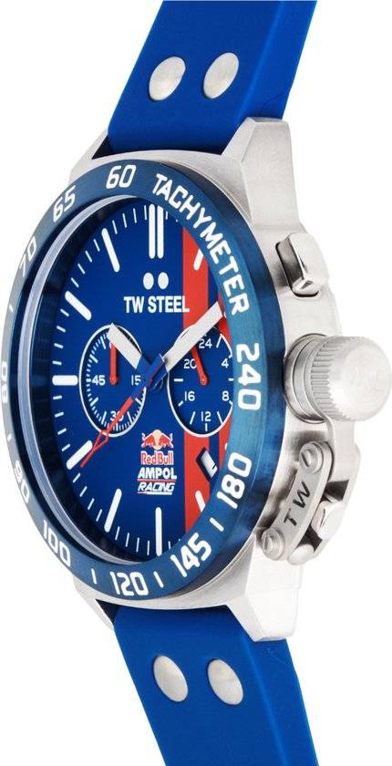 TW Steel TWCS120 Canteen Chronograaf Herenhorloge 45mm met blauwe wijzerplaat, rode accenten en tachymeter, voorzien van een robuuste blauwe siliconen band.