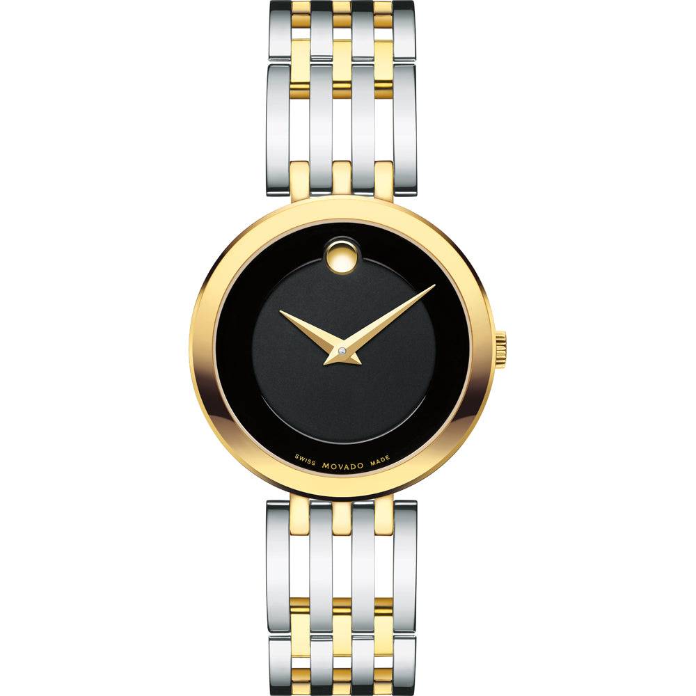 Movado Esperanza 0607053 dameshorloge 28mm met goudkleurige en zilverkleurige armband, minimalistisch zwart wijzerplaatontwerp.