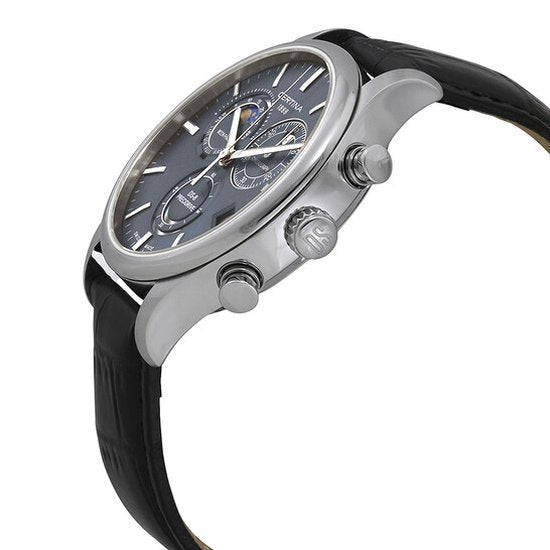 Certina DS-8 Moon Phase Chronograaf Herenhorloge 42mm met zwarte leren band en grijze wijzerplaat. Luxe Swiss Made horloge met maanfase functie.