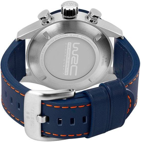 TW Steel TWVS90 Volante chronograaf herenhorloge 48mm met blauwe wijzerplaat, zilverkleurige kast en blauw lederen band met oranje stiksels.