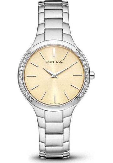 Pontiac Lyra Dameshorloge 32mm met champagnekleurige wijzerplaat en zilverkleurige schakelband, ideaal voor stijlvolle dames.