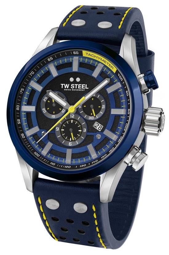 TW Steel TWSVS208 Volante Fast Lane Limited Edition Swiss chronograaf herenhorloge met 48mm kast, blauwe tachymeter en leren band met gele accenten.