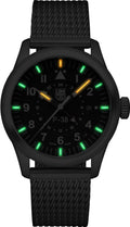Luminox P-38 GMT Herenhorloge 44mm Serie 9520 met zwarte wijzerplaat, lichtgevende indexen en zwarte mesh horlogeband. Swiss Made design.