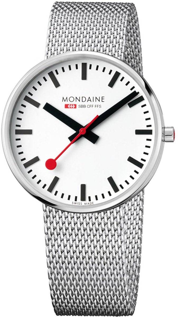 Mondaine Herenhorloge 42mm - Giant MSX.4211B.SM met wit wijzerplaat, rode secondewijzer en roestvrijstalen mesh band. Swiss Made design voor heren.