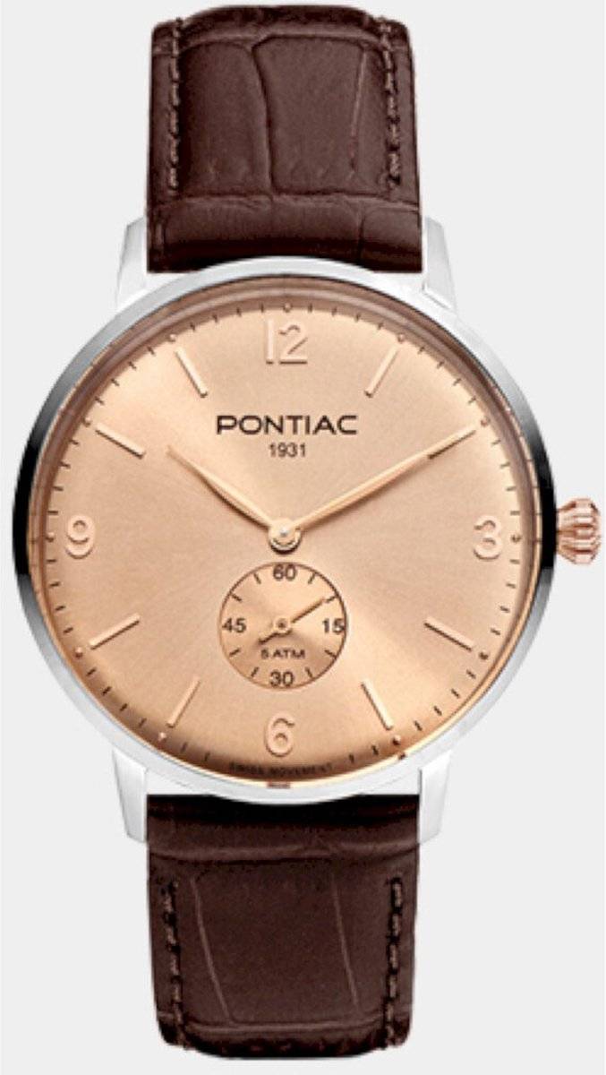 Pontiac Herenhorloge 40mm met roségouden wijzerplaat en bruine lederen band, Swiss Made precisie voor stijlvolle mannen.