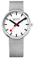 Mondaine Herenhorloge 42mm - Giant MSX.4211B.SM met witte wijzerplaat, rode secondewijzer en roestvrijstalen mesh band. Swiss Made design.