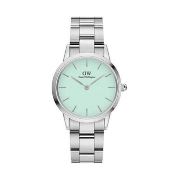 Daniel Wellington Iconic Link Capri 32mm horloge voor dames met zilveren schakelband en mintgroene wijzerplaat. Elegant en tijdloos ontwerp.