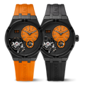 Maurice Lacroix Aikon Master Herenhorloge 45mm met oranje wijzerplaat, zwarte kast en oranje rubberen band, Swiss Made automatisch uurwerk.