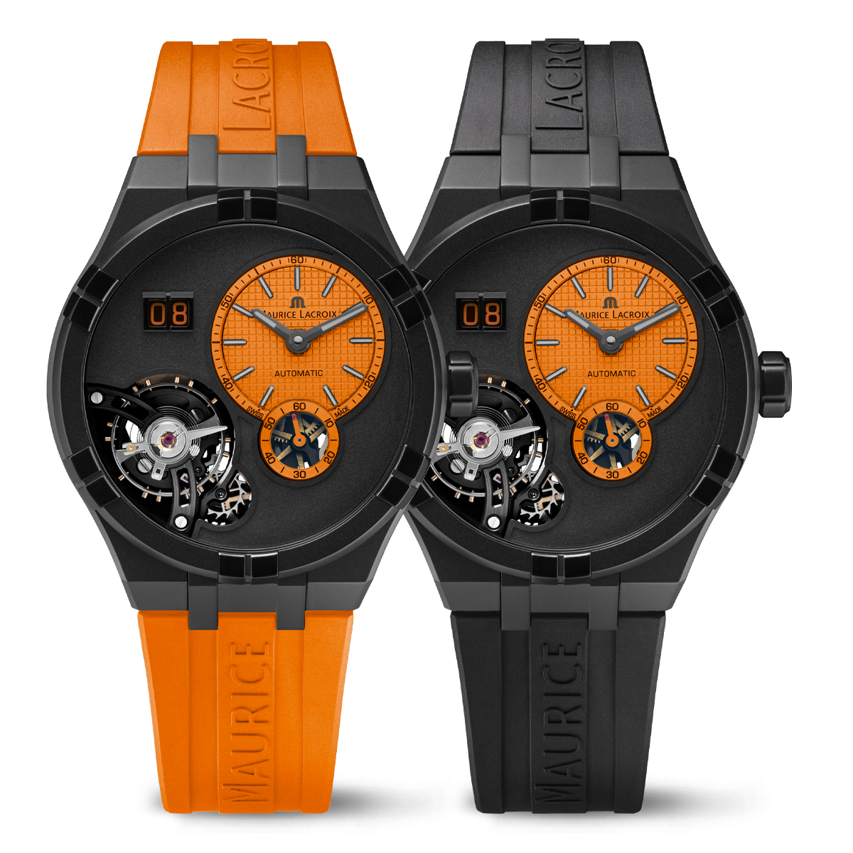 Maurice Lacroix Aikon Master Herenhorloge 45mm met oranje wijzerplaat, zwarte kast en oranje rubberen band, Swiss Made automatisch uurwerk.
