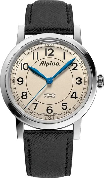 Alpina Heritage Automatic AL-520BG3SH6 heren horloge met beige wijzerplaat, blauwe wijzers en zwart leren bandje, Swiss Made kwaliteit.
