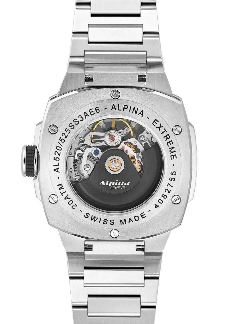 Alpina Alpiner Extreme Herenhorloge 41mm met skeleton wijzerplaat en zilveren roestvrijstalen band. Swiss Made automatisch horloge voor heren.