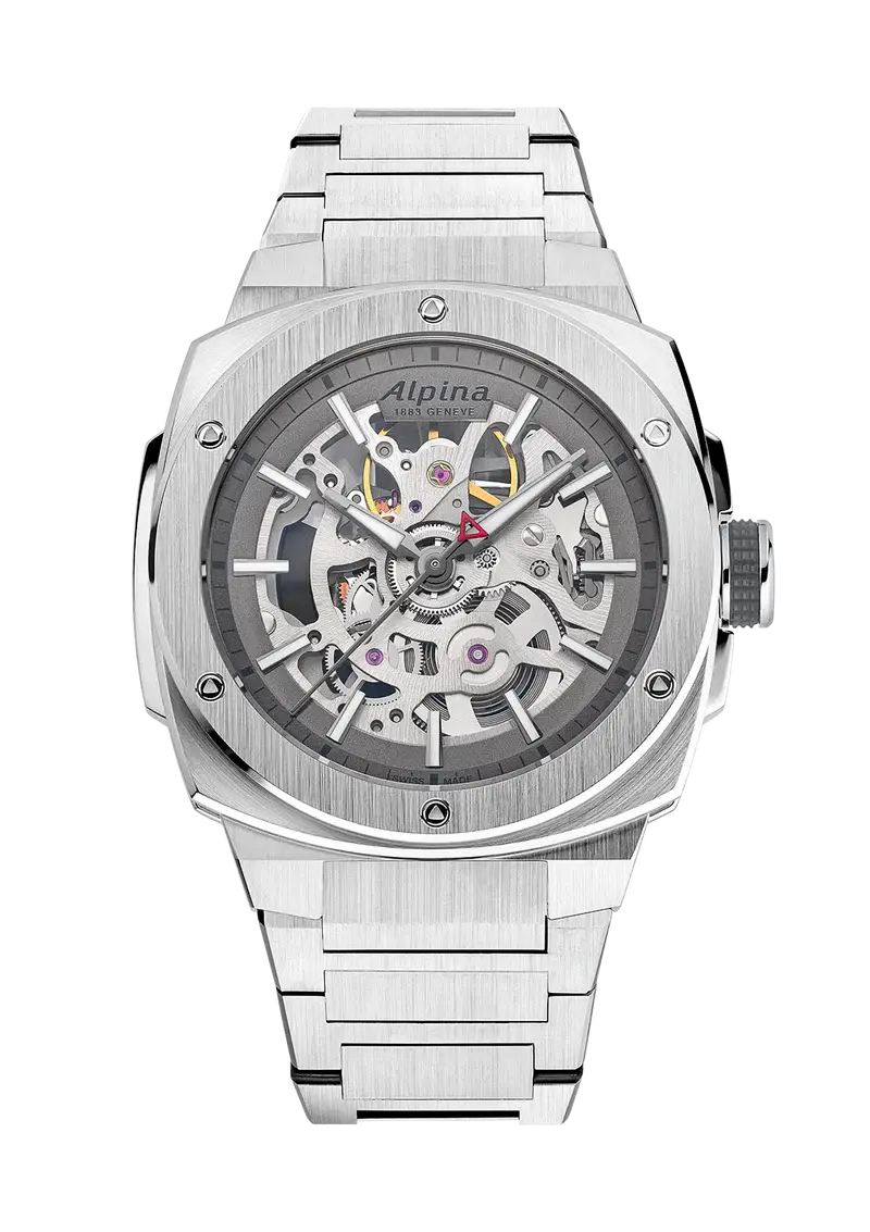 Alpina Alpiner Extreme Herenhorloge 41mm met skeleton wijzerplaat en zilveren roestvrijstalen band. Swiss Made automatisch horloge voor heren.