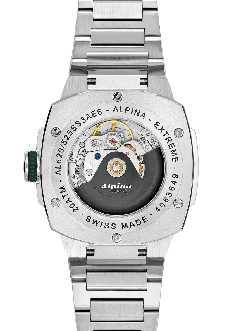 Achterkant van de Alpina Automatic Green Dial Herenhorloge met zichtbare Zwitserse mechaniek en roestvrijstalen band, Swiss made kwaliteit.