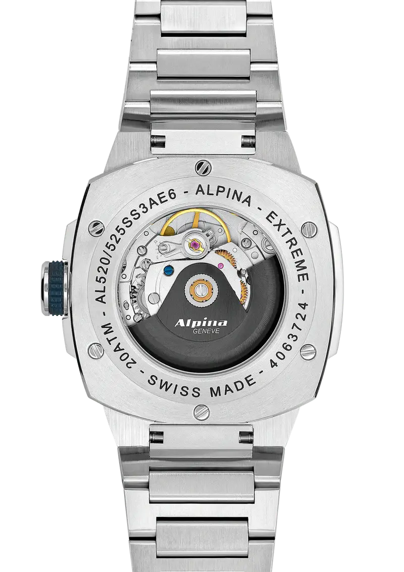 Alpina Alpiner Extreme Herenhorloge 40mm met blauw geometrisch patroon op wijzerplaat en roestvrijstalen band. Swiss Made automatisch horloge voor heren.