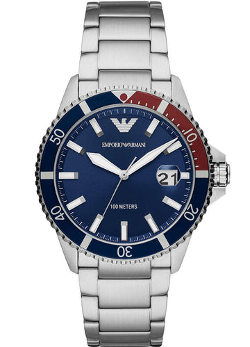 Armani AR11339 Herenhorloge – Zilverkleurig RVS met Opvallende Blauwe Wijzerplaat 41-45mm