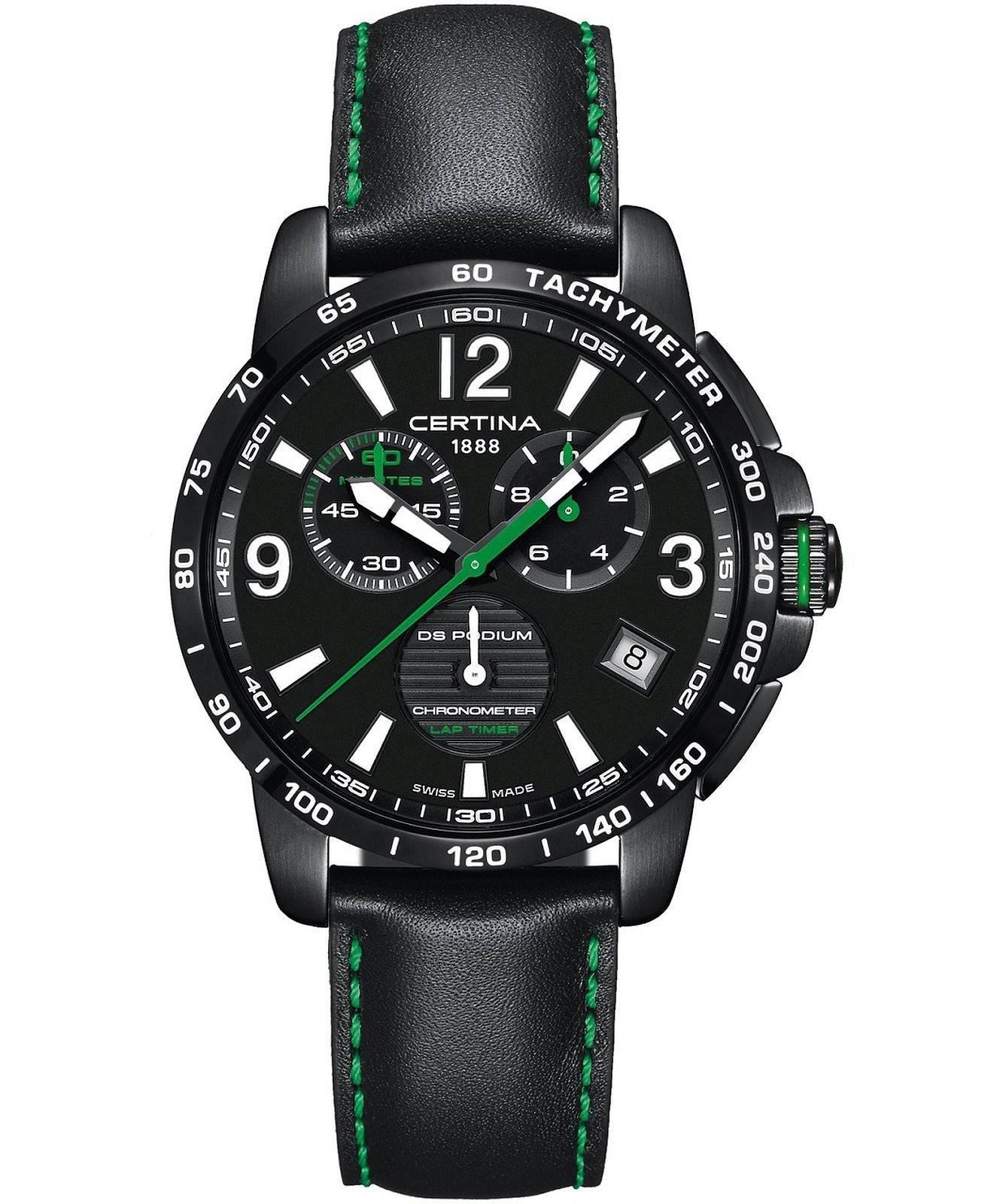 Certina DS Podium Herenhorloge 42mm met zwart leren bandje en groene accenten, Swiss Made chronometer voor heren, nieuw model