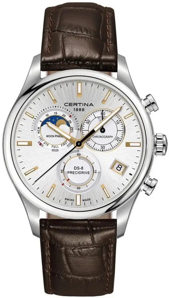 Certina DS-8 Chronograaf Moon Phase Herenhorloge 42mm met zilverkleurige wijzerplaat, bruine lederen band en maanfasenfunctie. Luxe Swiss Made horloge voor heren met chronograaf en datumweergave.