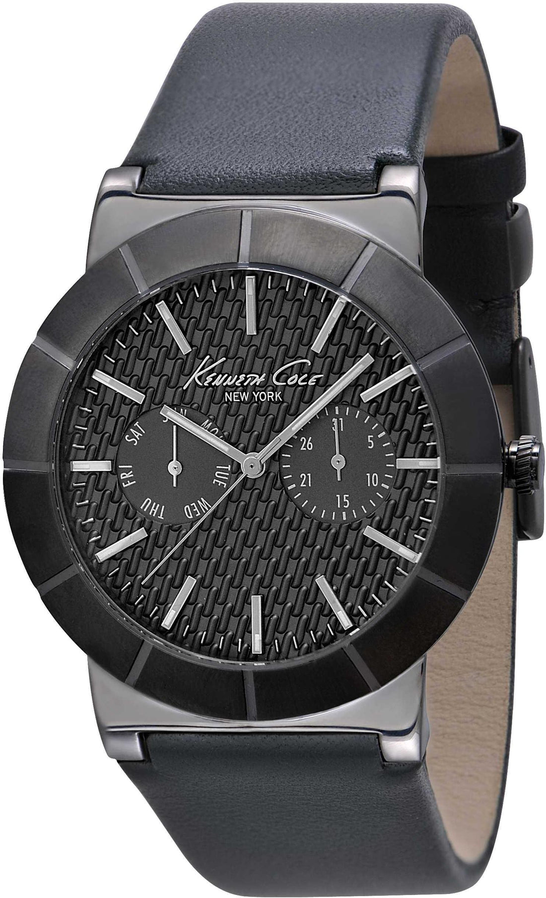 Kenneth Cole Herenhorloge IKC1929 met Zwarte Lederen Band en Grijze Kast, 41-45 mm