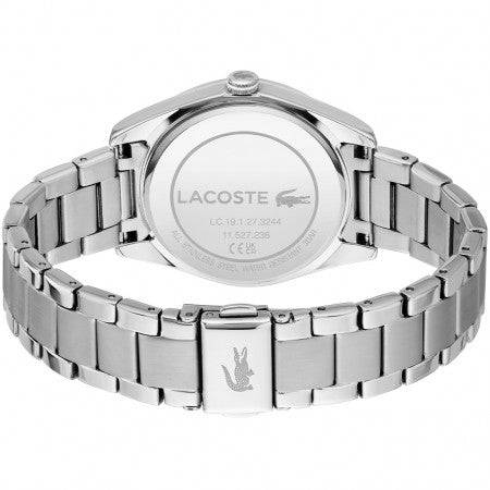 Lacoste Dameshorloge 36mm LC2001239 met zilverkleurige roestvrijstalen schakelband en gegraveerd Lacoste-logo op de sluiting en achterkant.