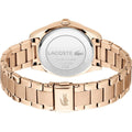 Lacoste dameshorloge LC2001242 in roségoud met 36mm kast en roestvrijstalen schakelband, elegant en waterbestendig ontwerp.