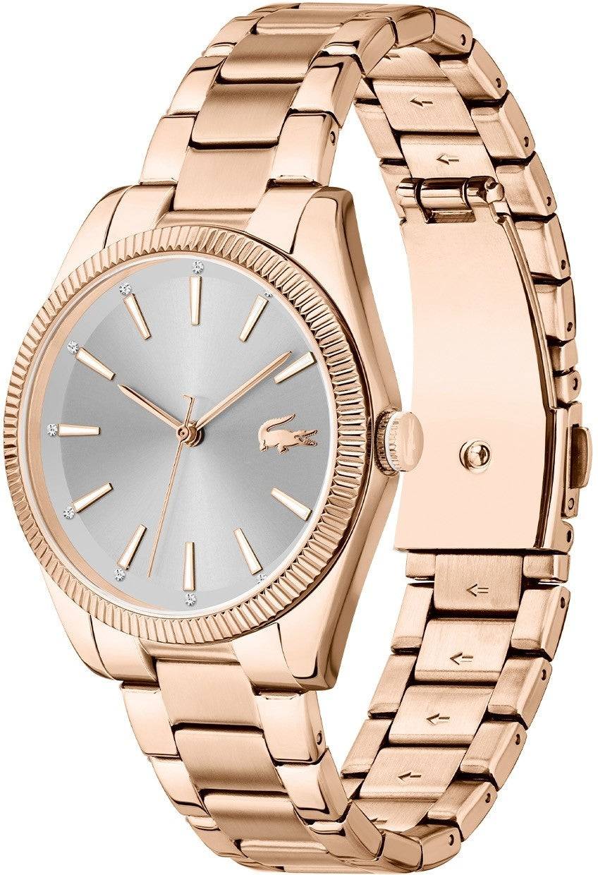 Lacoste Dameshorloge LC2001242 - 36mm Capucine met roségouden schakelband en zilverkleurige wijzerplaat met minimalistische uurmarkeringen. Elegant dames horloge voor modebewuste vrouwen in de categorie sieraden en horloges.