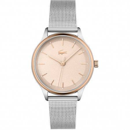 Lacoste LC2001257 Club dameshorloge met roségouden wijzerplaat en zilverkleurige mesh band. Elegant horloge voor dames, perfect voor elke outfit.