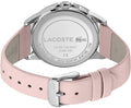 Achterzijde van Lacoste dameshorloge 40mm - LC2001108 Florence Design met roze leren band en roestvrijstalen kast, waterdicht tot 30 meter.