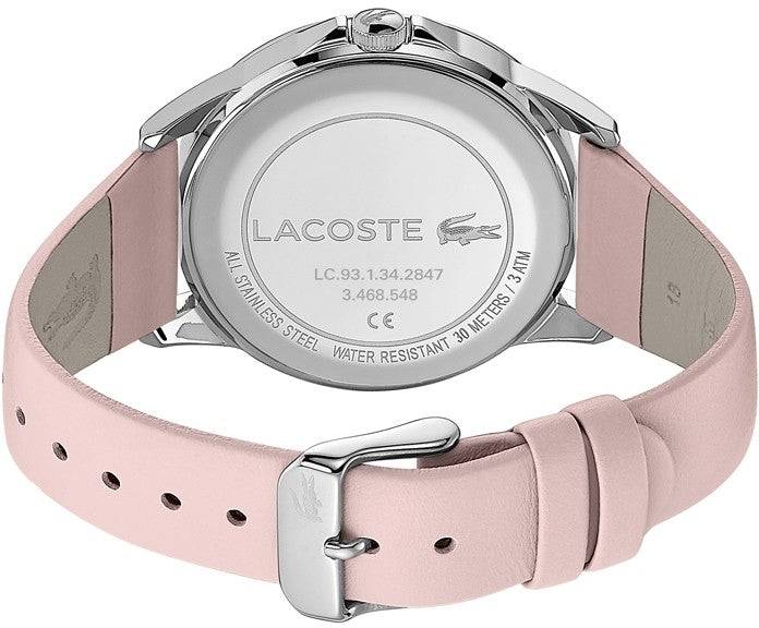 Achterzijde van Lacoste dameshorloge 40mm - LC2001108 Florence Design met roze leren band en roestvrijstalen kast, waterdicht tot 30 meter.
