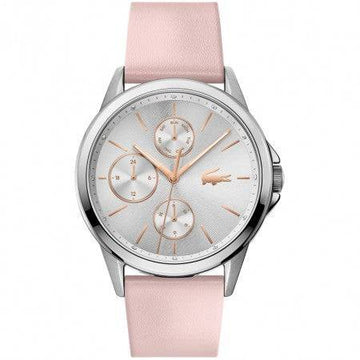 Lacoste dameshorloge 40mm - LC2001108 met Florence design en roze leren band. Elegant horloge voor dames met zilverkleurige wijzerplaat.