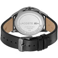 Achterkant van het Lacoste LC2001153 dameshorloge L.12.12 met zwart leren bandje en roestvrijstalen kast. Elegant design voor dagelijks gebruik.