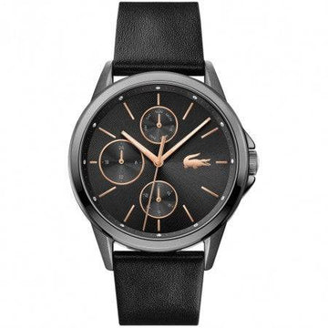 Lacoste LC2001153 dameshorloge met zwart leren bandje en roségouden details. Elegant design voor moderne vrouwen, ideaal voor elke gelegenheid.