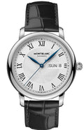 Montblanc Star Legacy Automatic ref: 128686 39mm herenhorloge met zilverwitte wijzerplaat, Romeinse cijfers en zwarte lederen band. Luxe Swiss Made horloge voor stijlvolle heren.