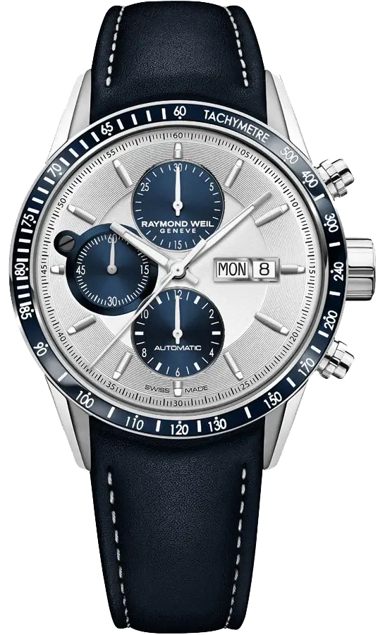 Raymond Weil Freelancer 7731-SC3-65521 herenhorloge 42mm met blauwe leren band, zilveren wijzerplaat en tachymeter bezel. Luxe Swiss Made automatisch horloge voor heren.
