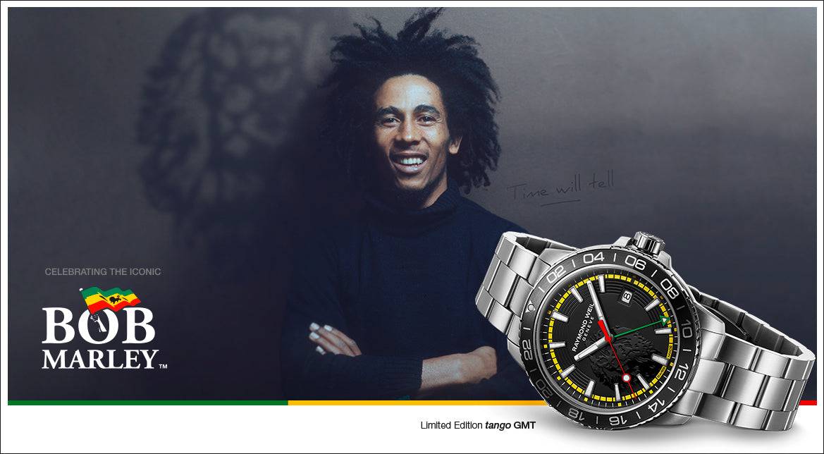 Raymond Weil horloge - Bob Marley | Tijdloos ontwerp met zwart wijzerplaat en Jamaicaanse accenten. Limited edition herenhorloge met GMT-functie.