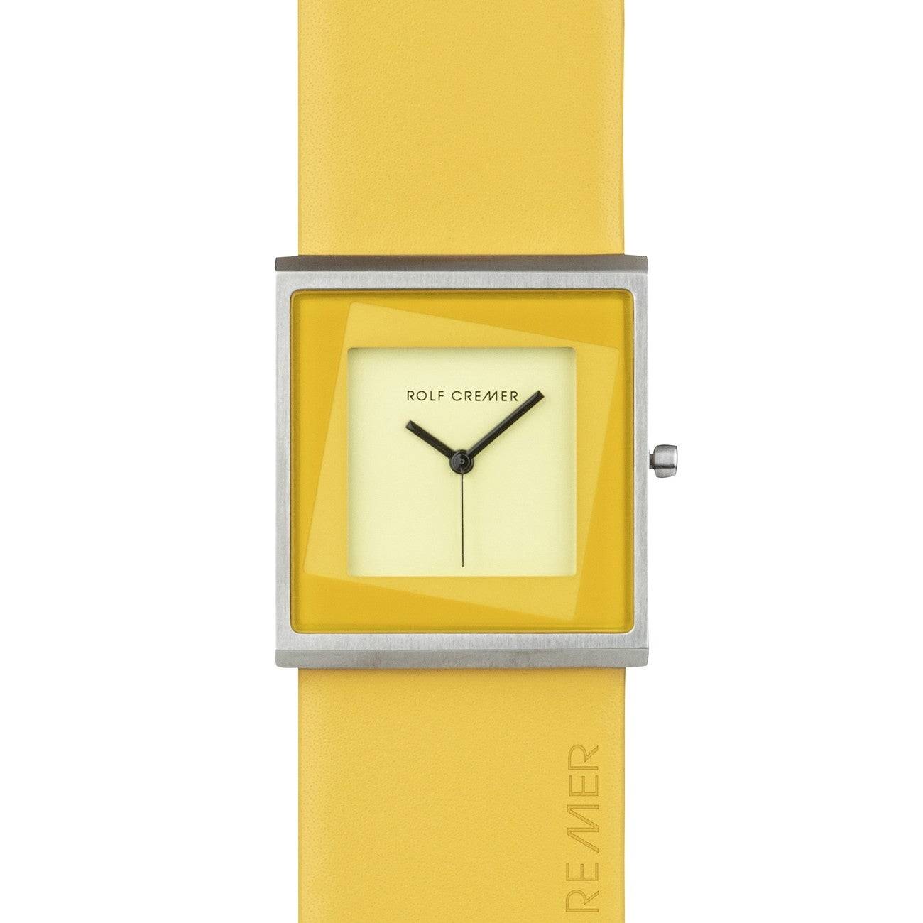 Rolf Cremer dameshorloge Yess 507205 34mm met vierkante gele wijzerplaat en gele leren band. Elegant horloge voor dames met 34mm diameter.