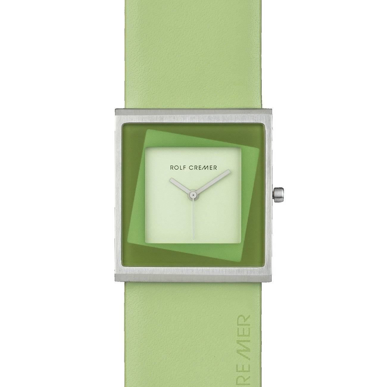Rolf Cremer dameshorloge Yess 507204 met vierkante 34mm kast en groene leren band. Elegant ontwerp voor moderne dames.