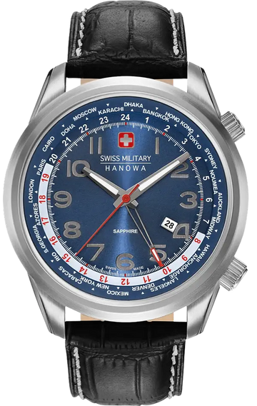 Swiss Military Hanowa Worldtimer 06-4293.04.003 44mm herenhorloge DEMO met blauwe wijzerplaat, wereldtijdfunctie en zwarte lederen band.